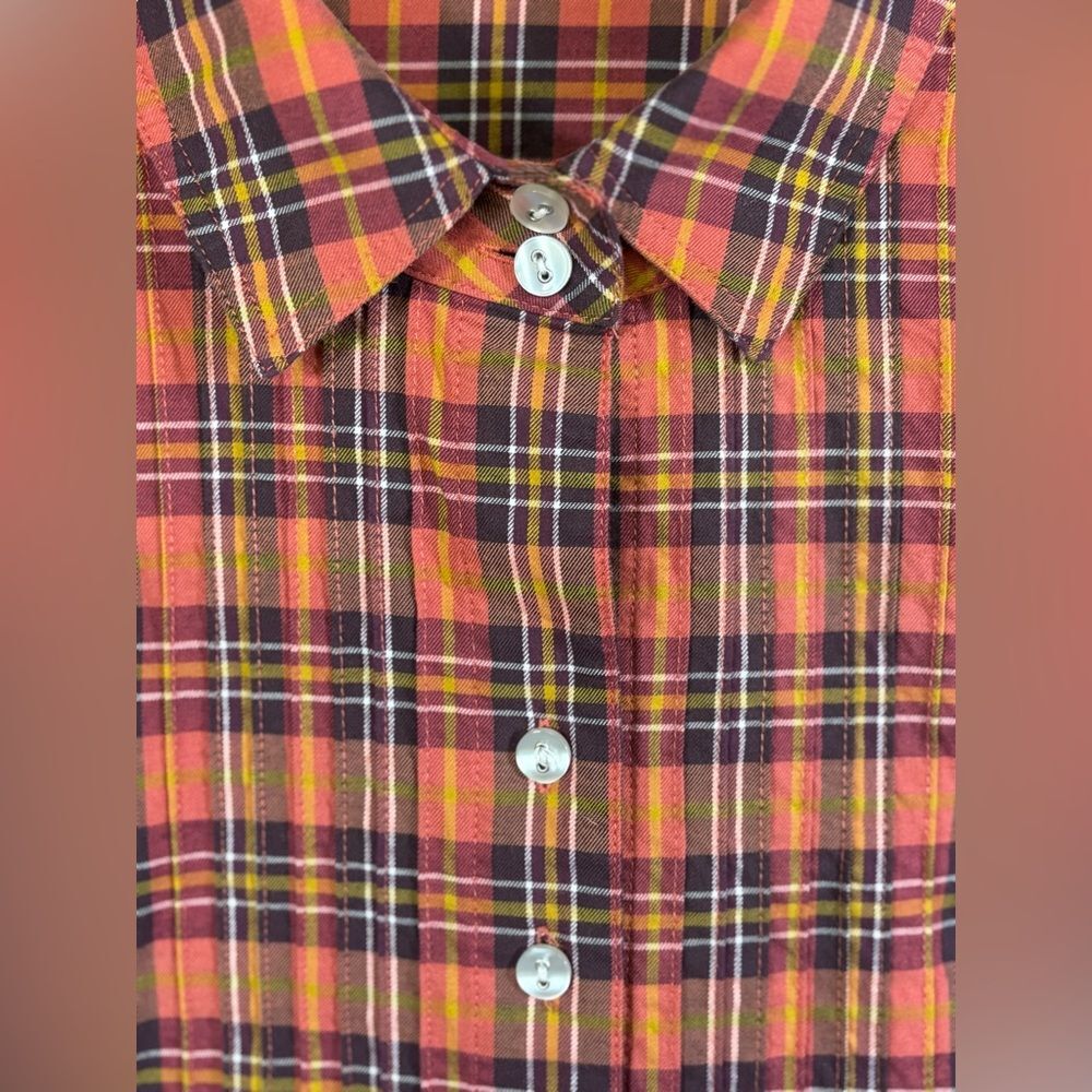 tyler böe Orange Blue Pintuck Button Up Brush Cotton Plaid Cottagecore Shirt 12 - Picture 5 of 10